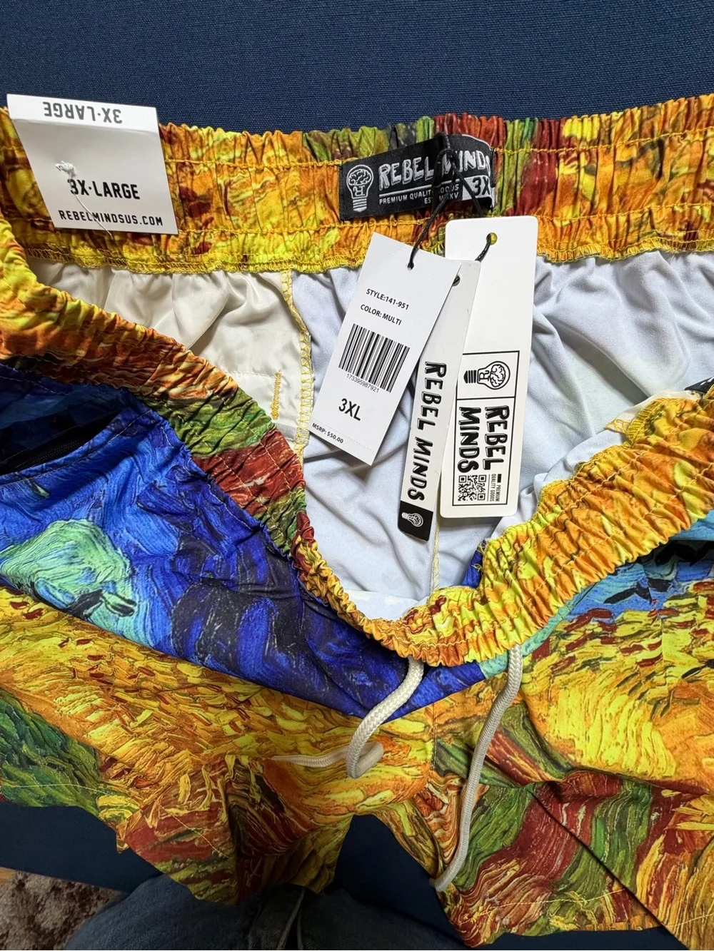 NWT Polyester 3XL Rebel Minds Van Gogh Artwork Print Swim Trunks Shorts